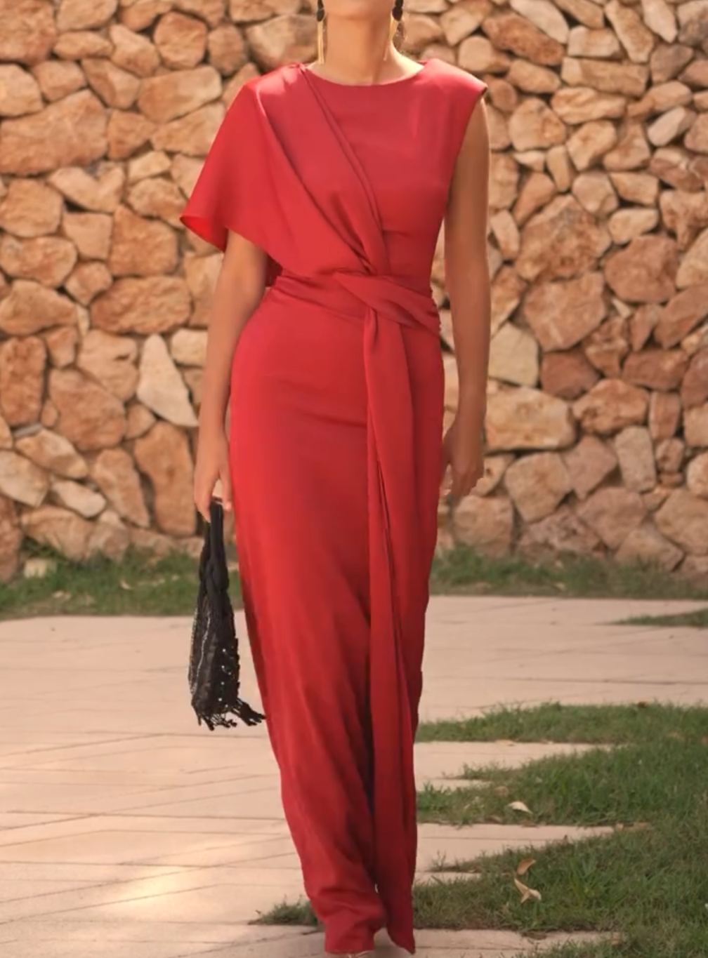 [Copy]Burnt Orange Asymmetric Draped Midi Dress with Puffed Sleeves