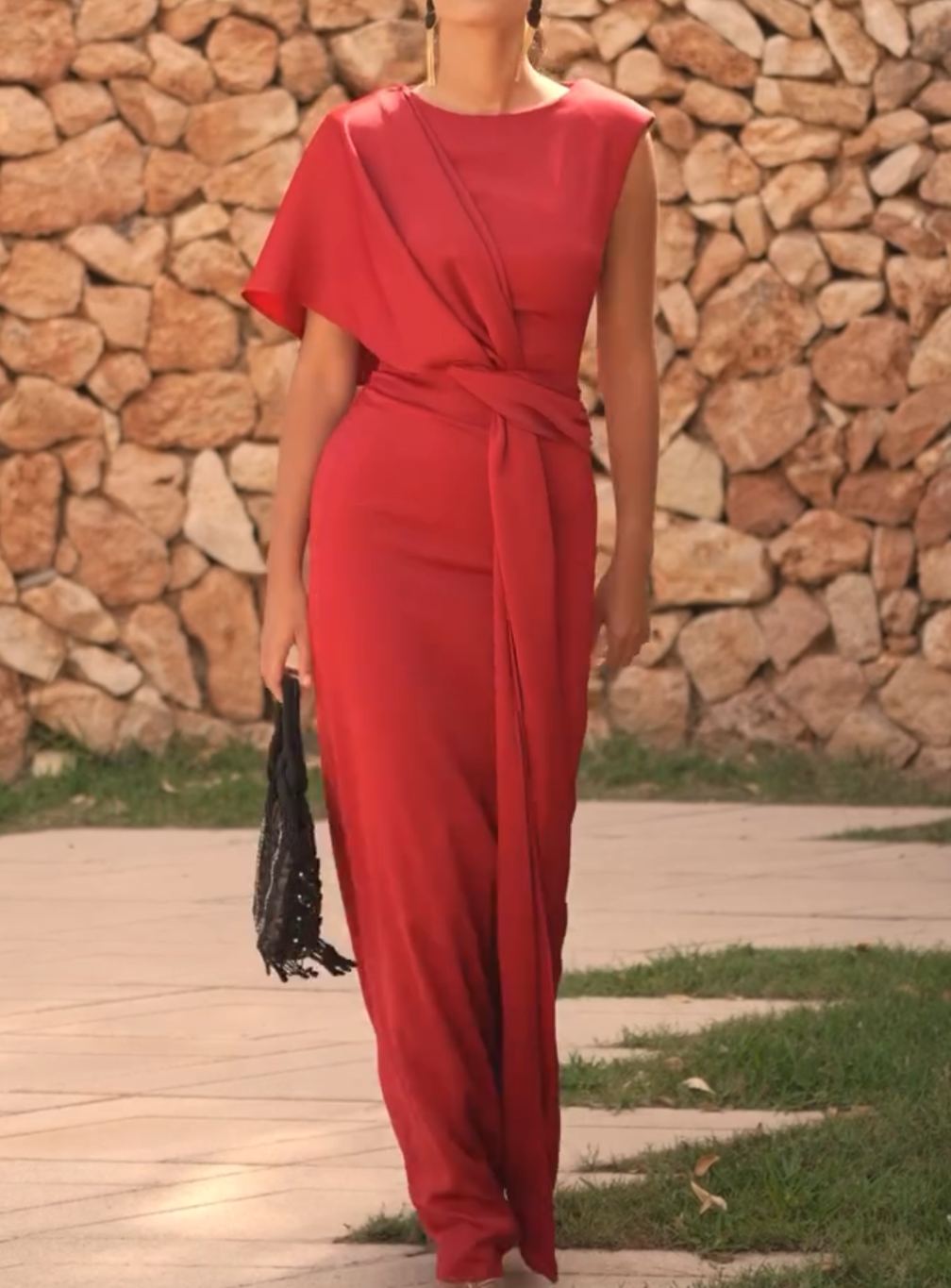 [Copy]Burnt Orange Asymmetric Draped Midi Dress with Puffed Sleeves