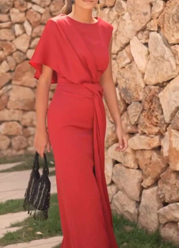 [Copy]Burnt Orange Asymmetric Draped Midi Dress with Puffed Sleeves