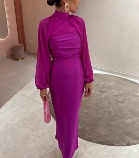 [Copy]Ivory Tiered Fringe Midi Dress with Puffed Sleeves & Deep V-Neck