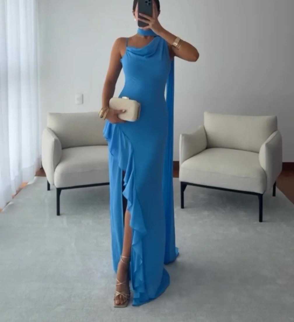 [Copy]Champagne Fringe Halter Maxi Dress with Contrast Trim