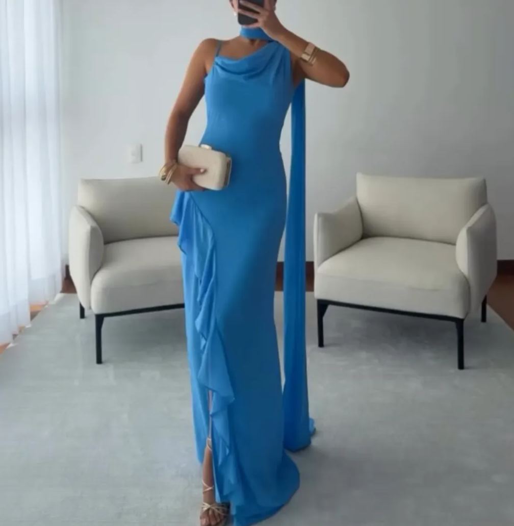 [Copy]Champagne Fringe Halter Maxi Dress with Contrast Trim