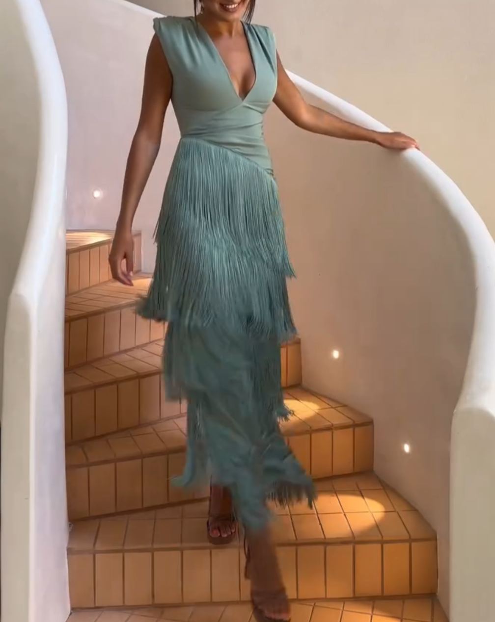 [Copy]Sky Blue Asymmetric Draped Maxi Dress with Ruffle Slit & Scarf Detail