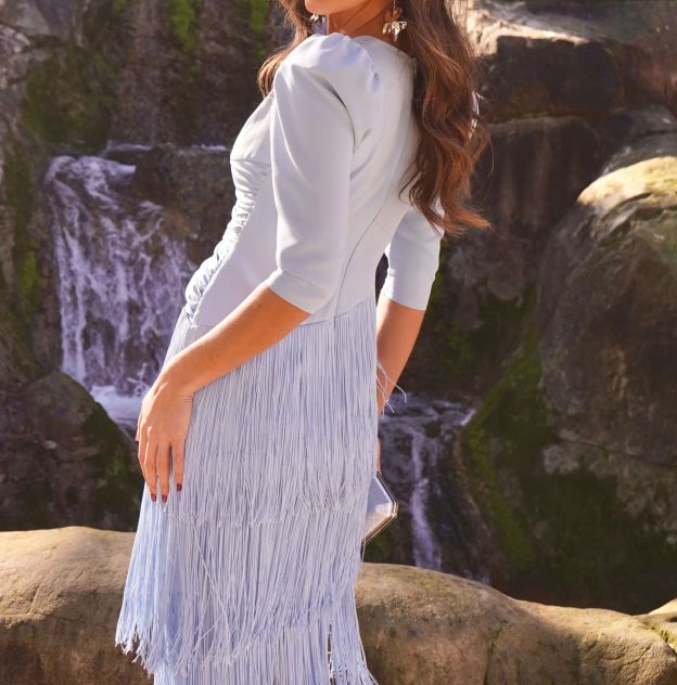 [Copy]Ruched Midi Dress with Feather Shoulder Detail & 3/4 Sleeves