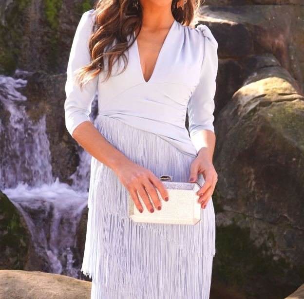 [Copy]Ruched Midi Dress with Feather Shoulder Detail & 3/4 Sleeves