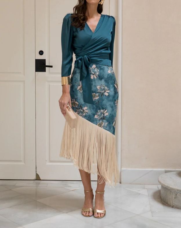 [Copy]Sky Blue Tiered Fringe Maxi Dress with Puffed Sleeves & Deep V-Neck