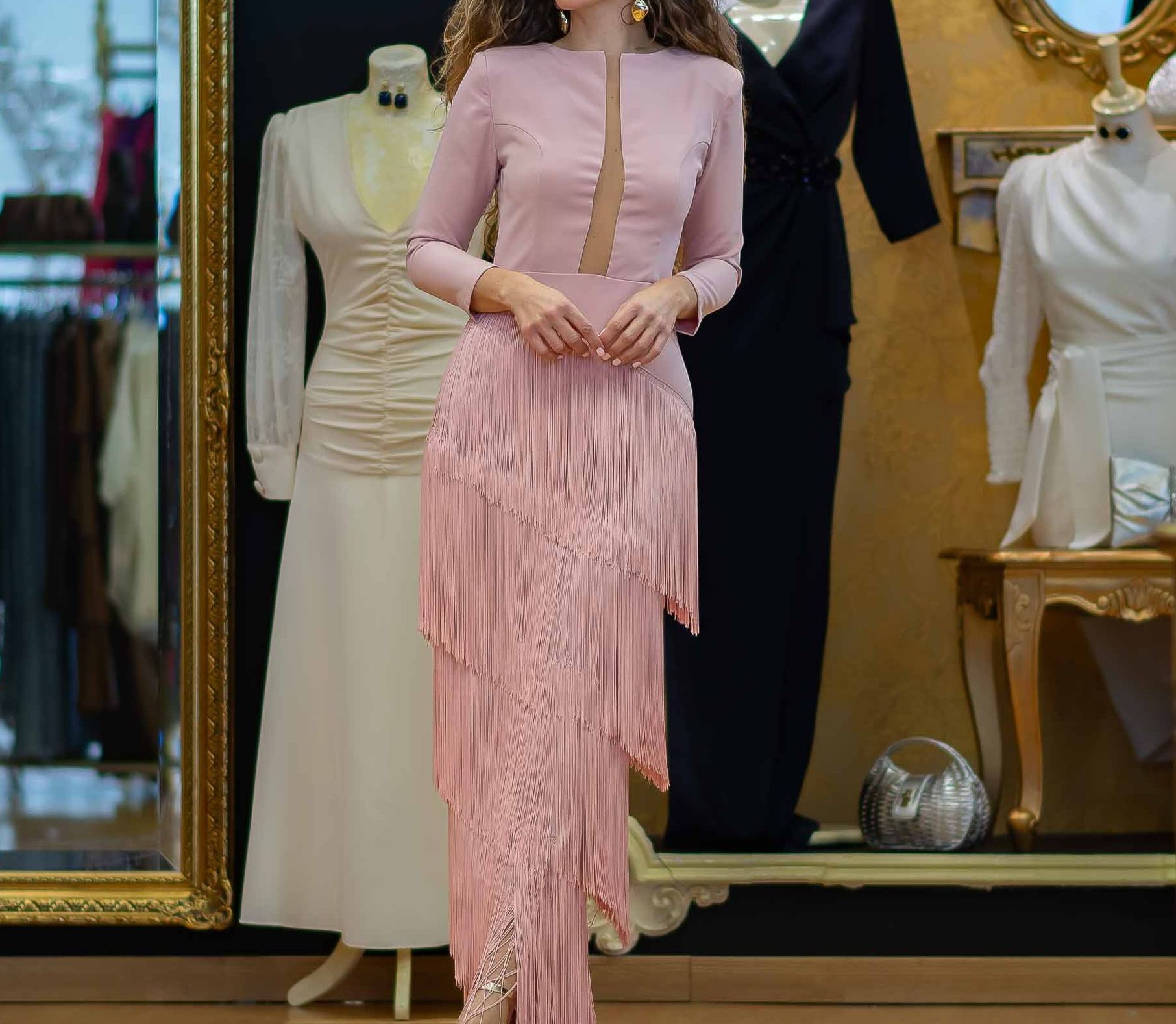 [Copy]Teal Floral Print Wrap Midi Dress with Fringe Hem & Puffed Sleeves