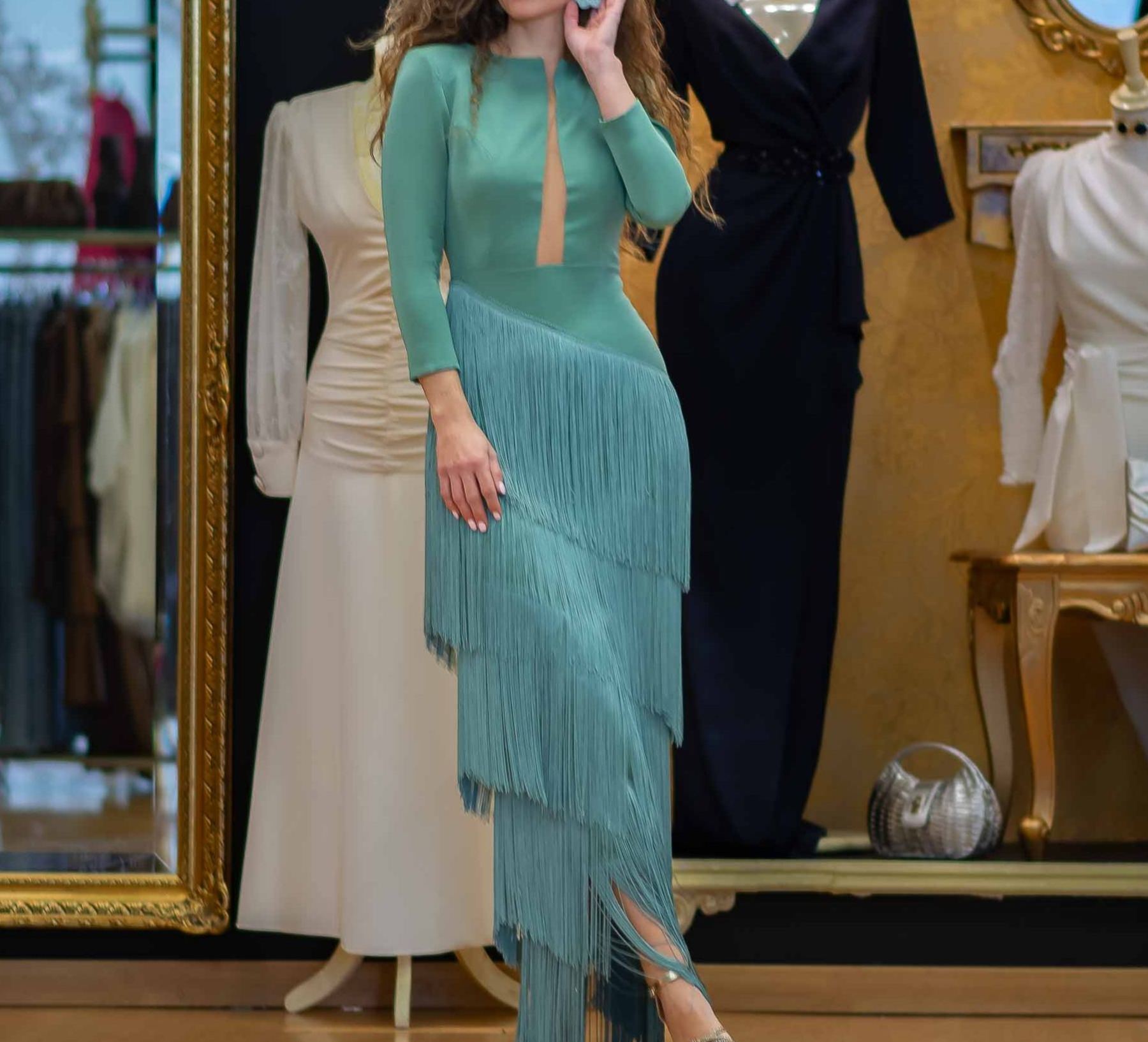 [Copy]Teal Floral Print Wrap Midi Dress with Fringe Hem & Puffed Sleeves