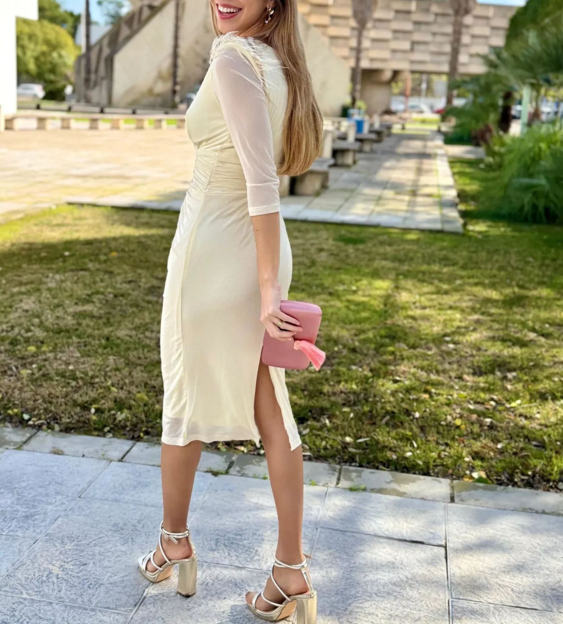 [Copy]Lavender Ruched Twist Front Midi Dress with Long Sleeves & Side Slit