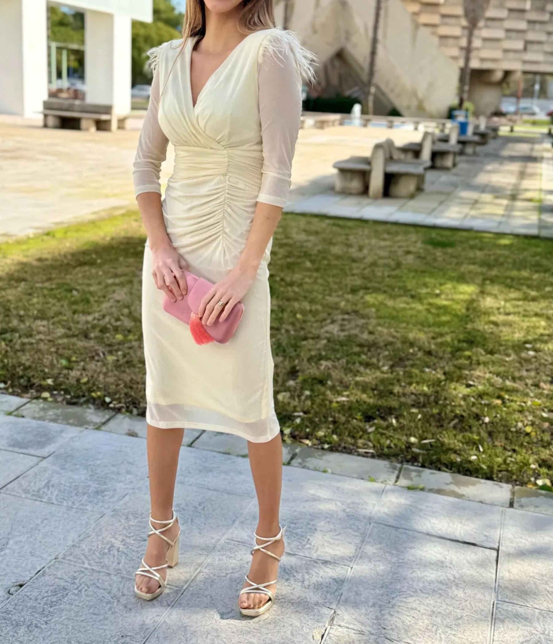 [Copy]Lavender Ruched Twist Front Midi Dress with Long Sleeves & Side Slit