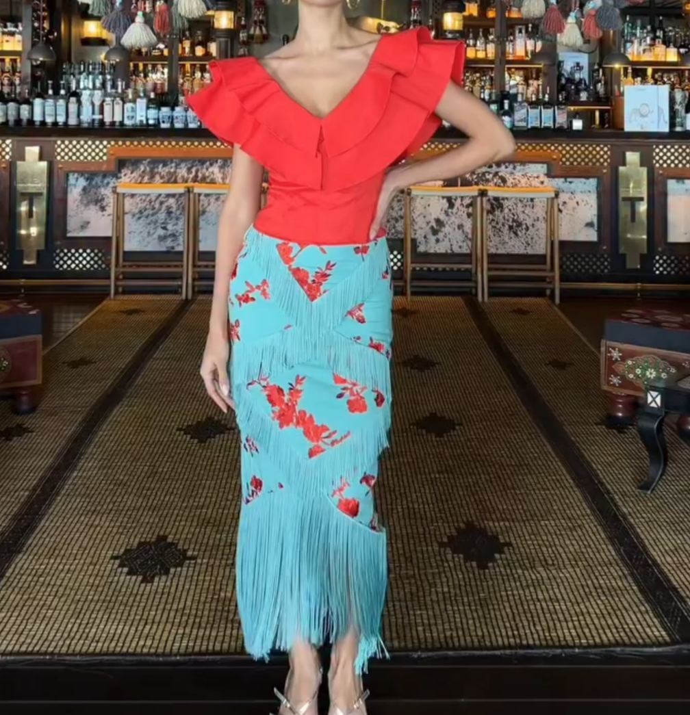 [Copy]Emerald Green Two-Piece Set with Sheer Long Sleeve Crop Top & Ruched Maxi Skirt with Slit