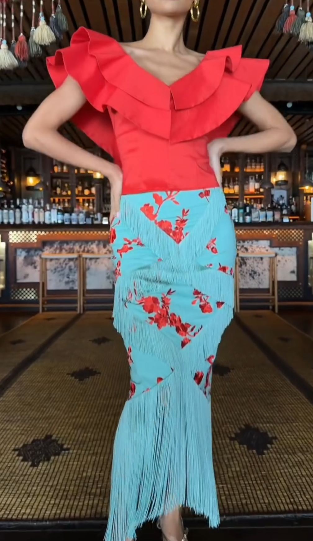[Copy]Emerald Green Two-Piece Set with Sheer Long Sleeve Crop Top & Ruched Maxi Skirt with Slit