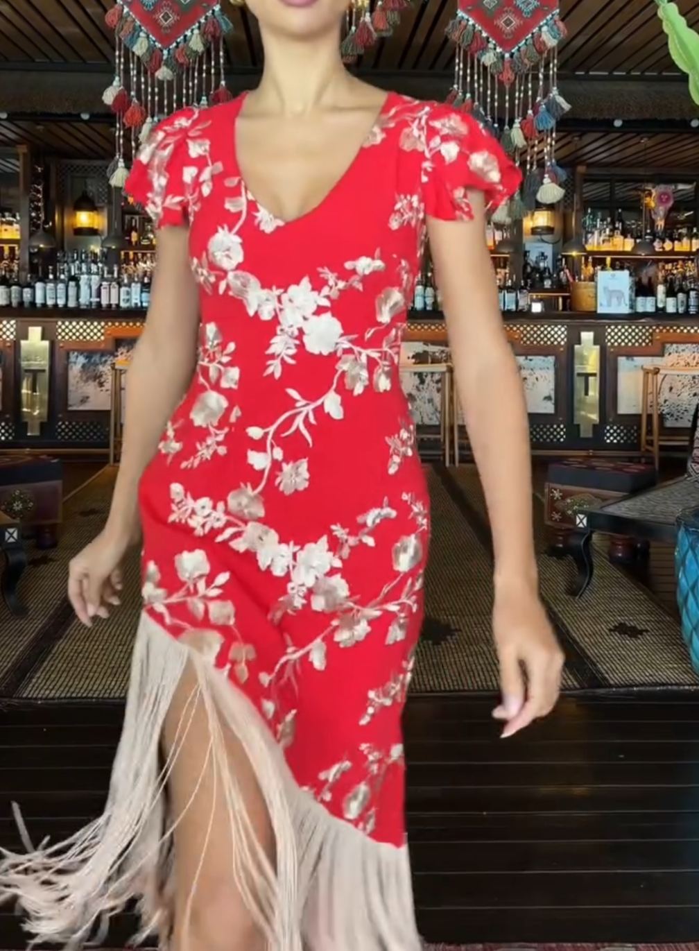 [Copy]Red & Turquoise Two-Piece Set with Ruffle Shoulder Crop Top & Floral Print Fringe Midi Skirt