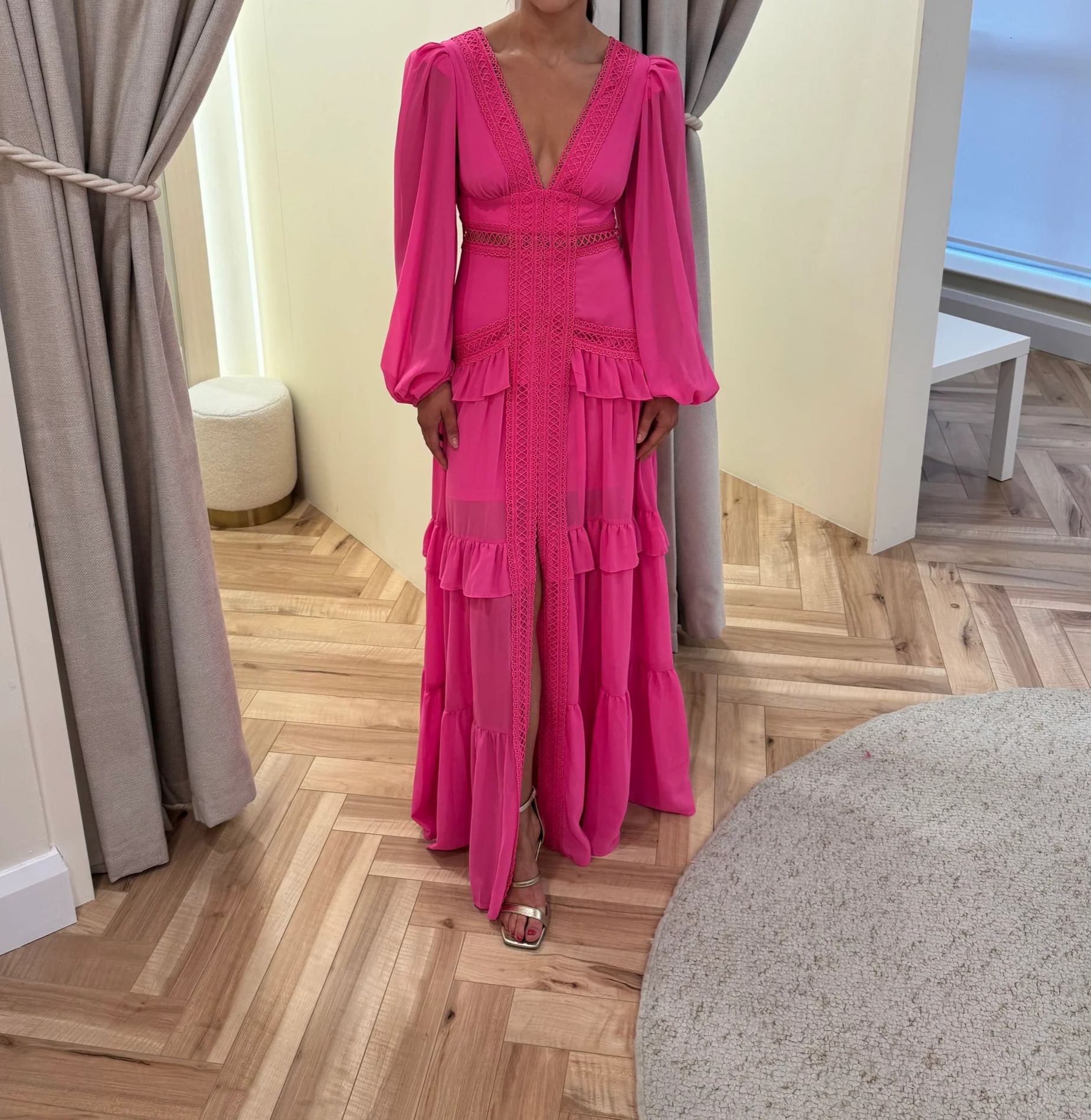 [Copy]Hot Pink Tiered Ruffle Maxi Dress with Lace Trim & Puffed Long Sleeves