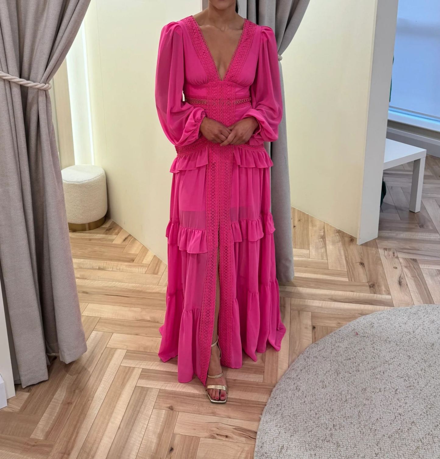 [Copy]Hot Pink Tiered Ruffle Maxi Dress with Lace Trim & Puffed Long Sleeves