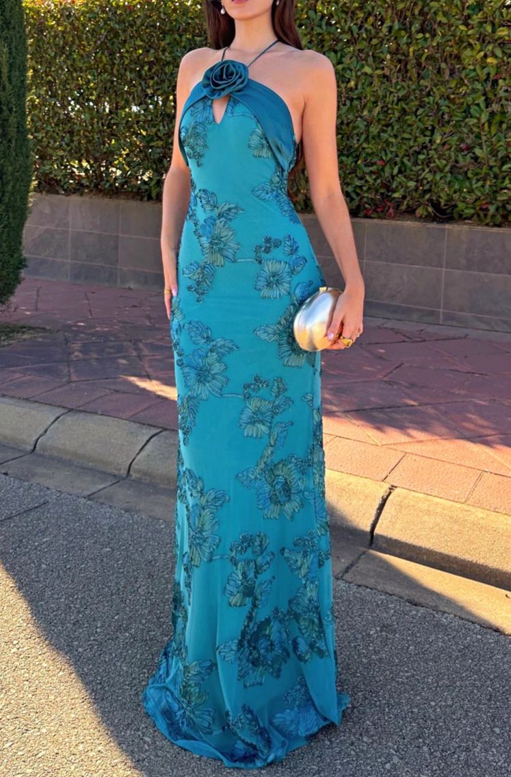[Copy]Navy Blue One-Shoulder Draped Maxi Dress with Ruched Waist