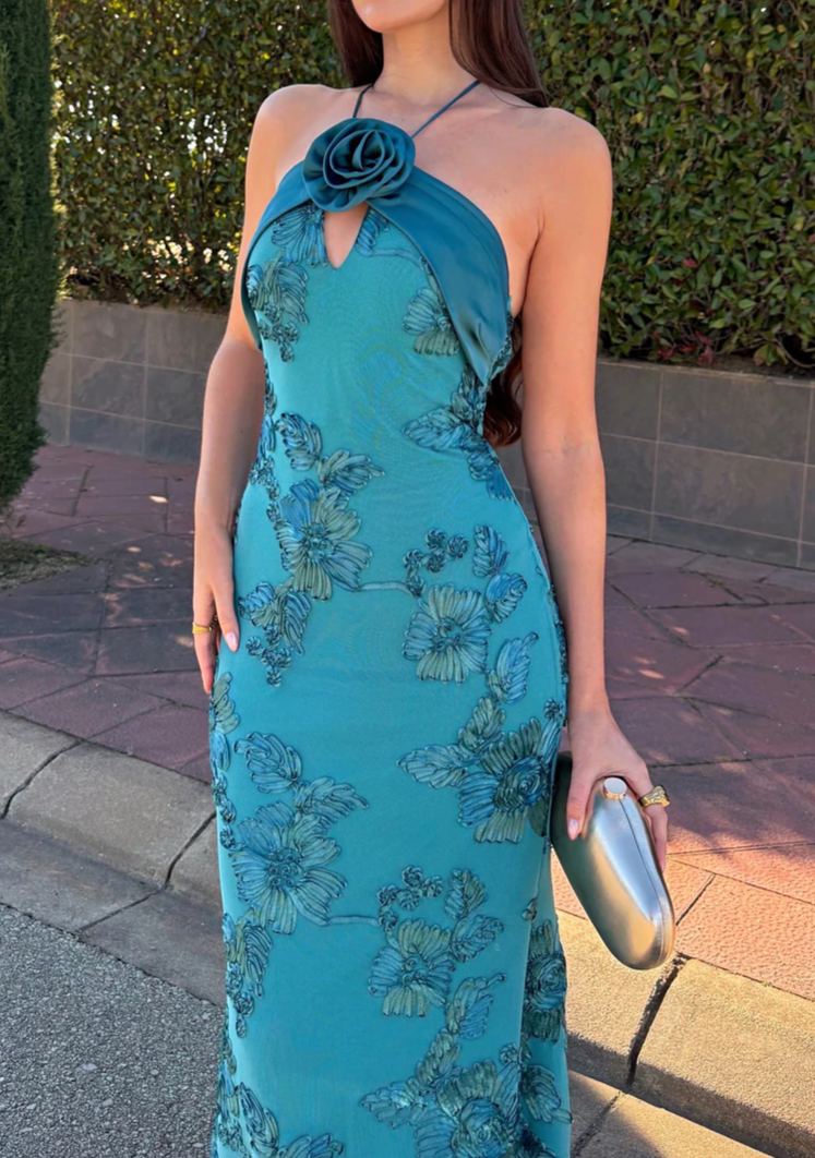 [Copy]Navy Blue One-Shoulder Draped Maxi Dress with Ruched Waist