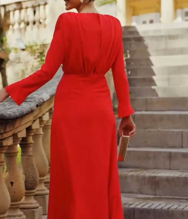 [Copy]Red One-Shoulder Maxi Dress with Ruched Waist & 3/4 Sleeves