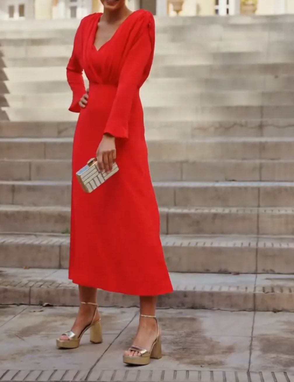 [Copy]Red One-Shoulder Maxi Dress with Ruched Waist & 3/4 Sleeves
