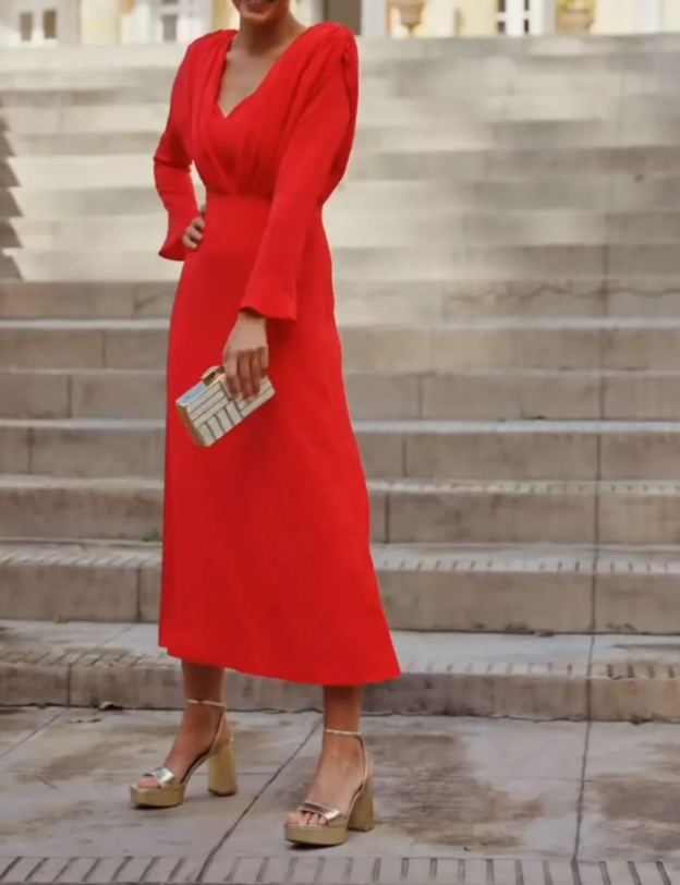 [Copy]Red One-Shoulder Maxi Dress with Ruched Waist & 3/4 Sleeves