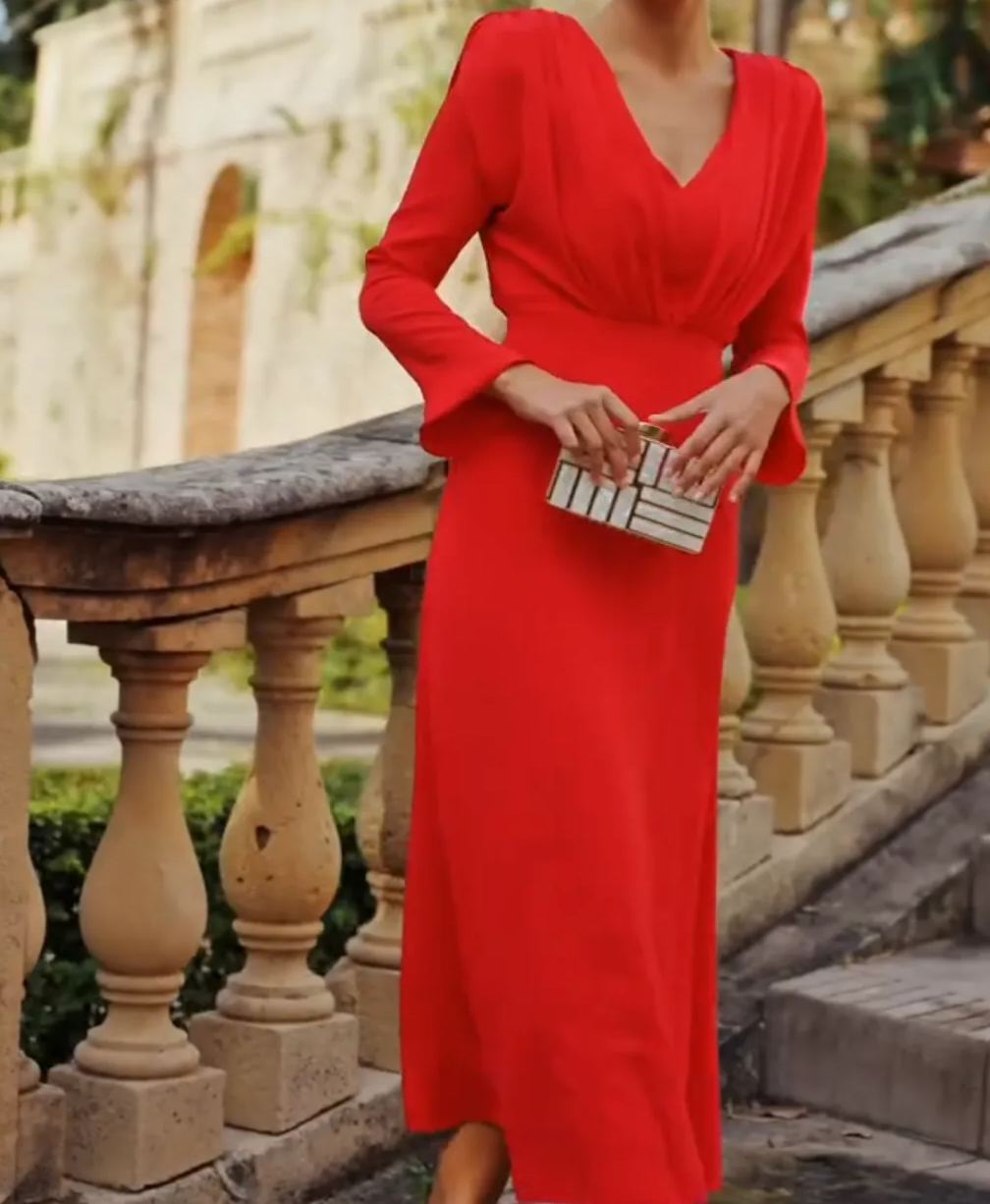 [Copy]Red One-Shoulder Maxi Dress with Ruched Waist & 3/4 Sleeves