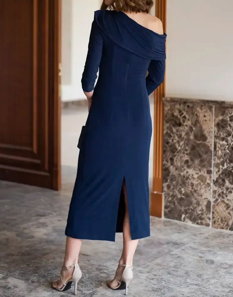 [Copy]Red V-Neck Midi Dress with Puffed Long Sleeves & Fitted Waist