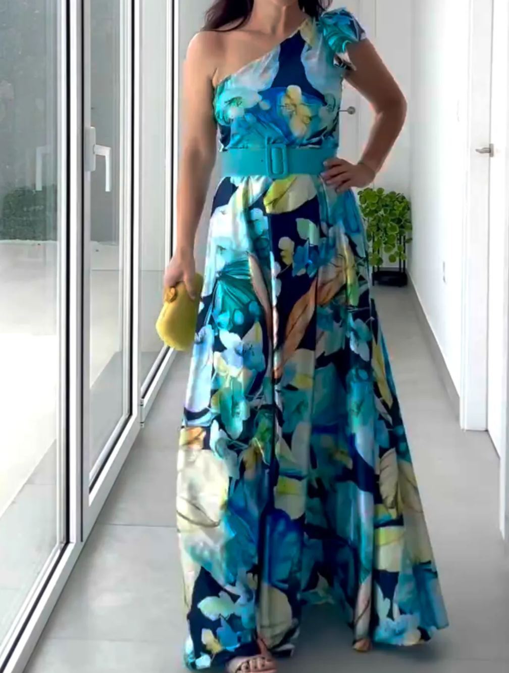 [Copy]One-Shoulder Midi Dress with Ruched Waist & 3/4 Sleeves