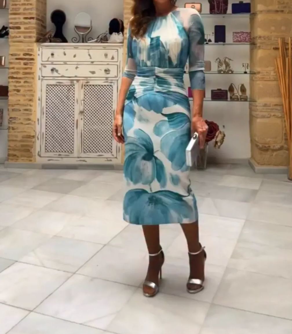 Pink Floral Print Sheer Sleeve Midi Dress with Ruched Waist