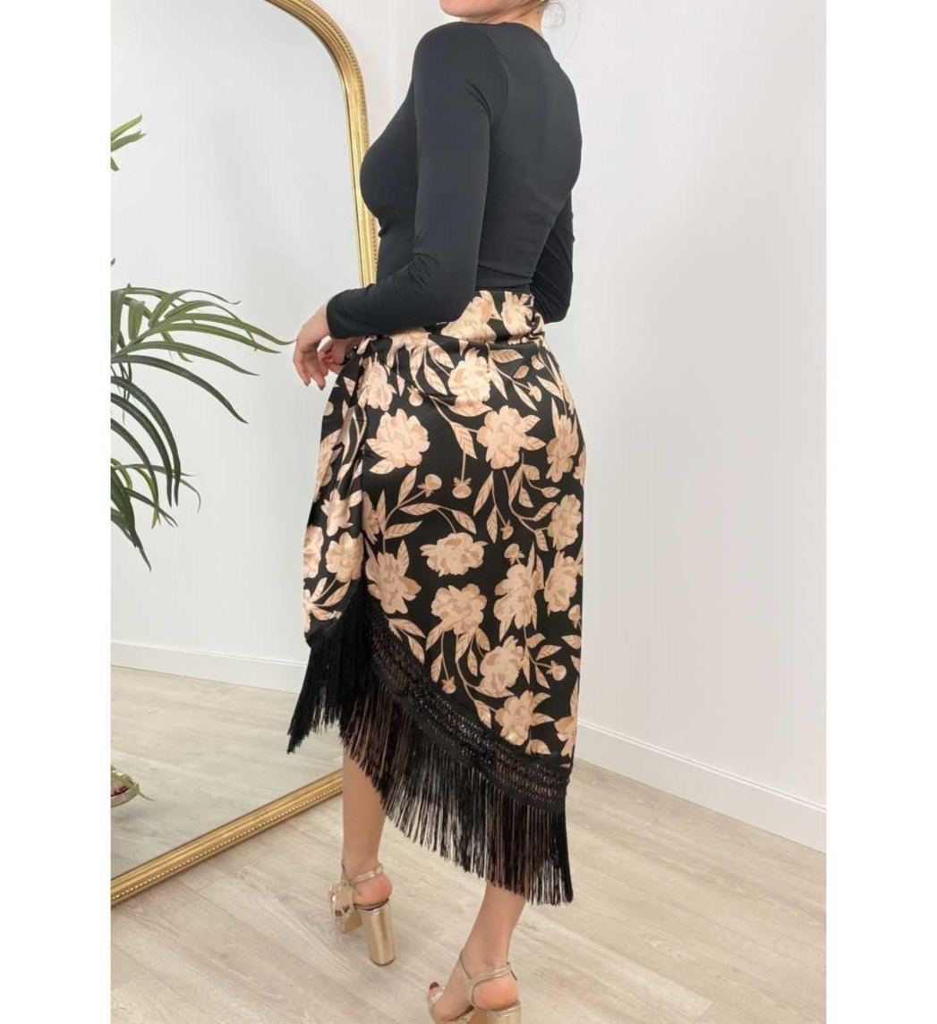Elegant Black 2 Piece Outfit, Floral Fringe Wrap Midi Skirt Set for Women