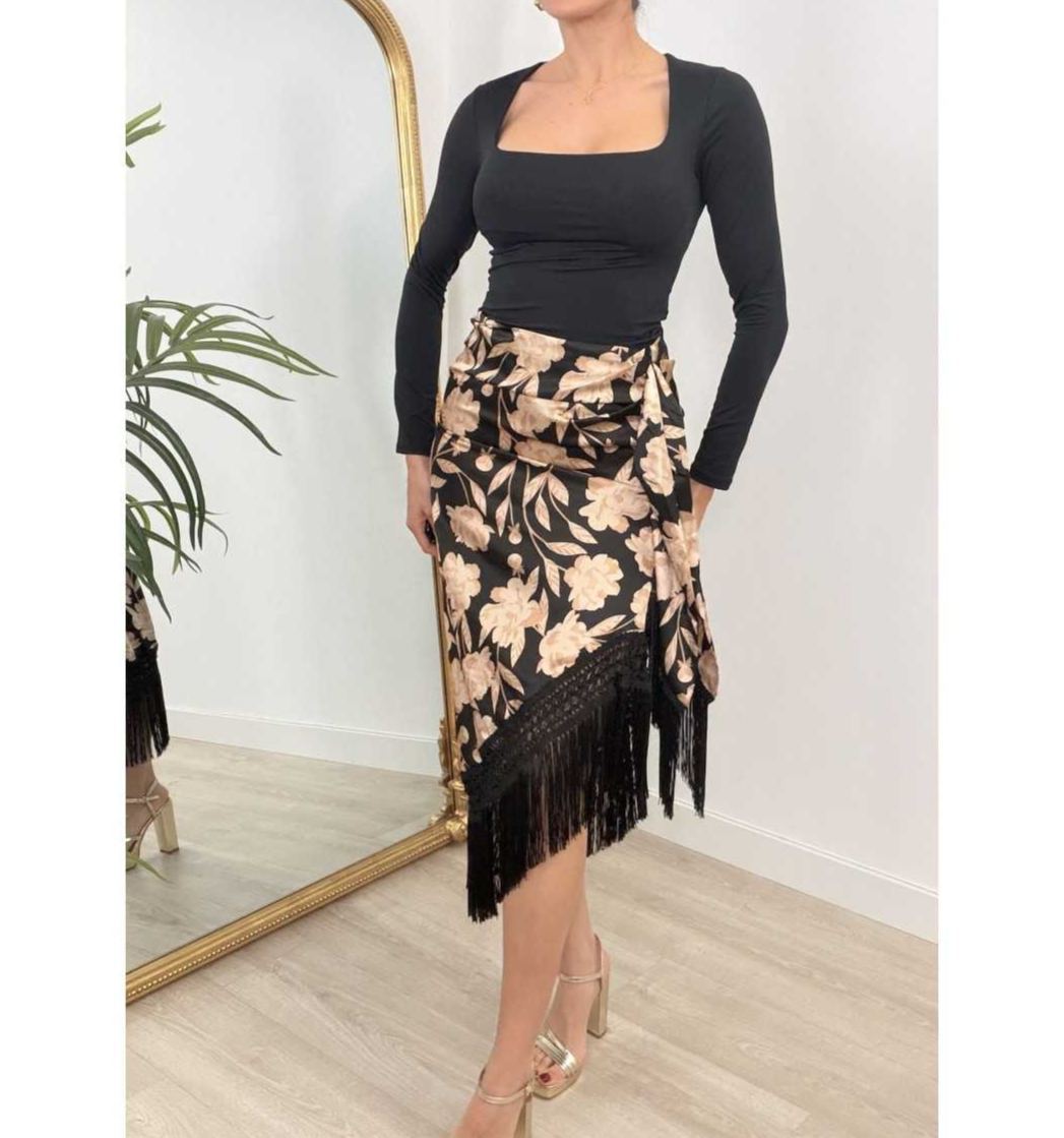 Elegant Black 2 Piece Outfit, Floral Fringe Wrap Midi Skirt Set for Women