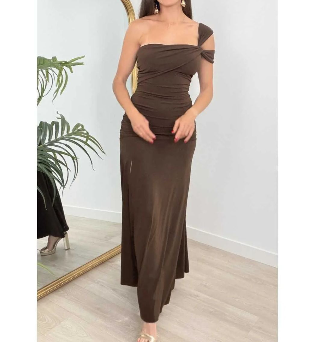 Elegant Chocolate Brown One Shoulder Maxi Dress, Ruched Formal Evening Gown