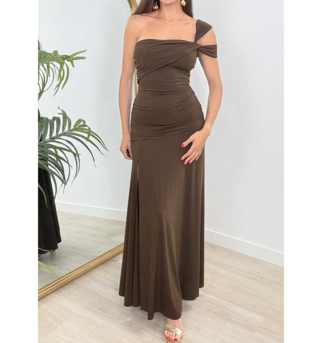 Elegant Chocolate Brown One Shoulder Maxi Dress, Ruched Formal Evening Gown