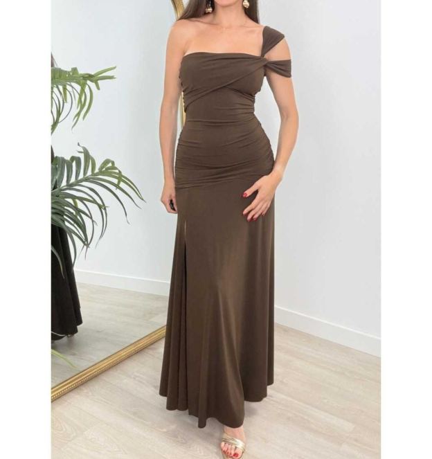 Elegant Chocolate Brown One Shoulder Maxi Dress, Ruched Formal Evening Gown