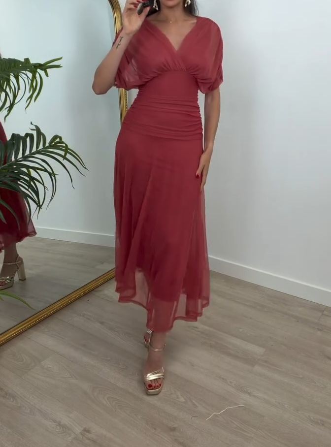 [Copy]Elegant Nude Ruffle Shoulder Midi Dress, Long Sleeve Formal Office Party Gown