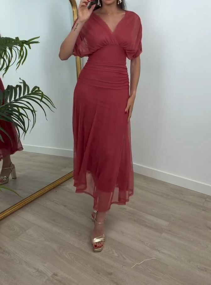 [Copy]Elegant Nude Ruffle Shoulder Midi Dress, Long Sleeve Formal Office Party Gown
