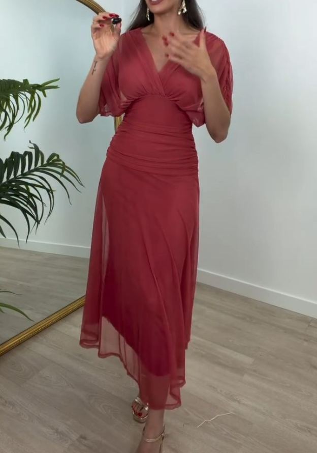 [Copy]Elegant Nude Ruffle Shoulder Midi Dress, Long Sleeve Formal Office Party Gown