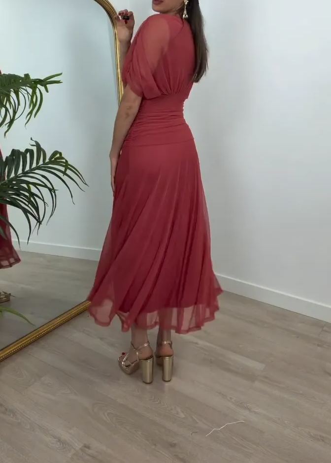 [Copy]Elegant Nude Ruffle Shoulder Midi Dress, Long Sleeve Formal Office Party Gown