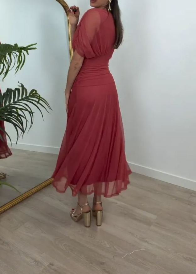 [Copy]Elegant Nude Ruffle Shoulder Midi Dress, Long Sleeve Formal Office Party Gown