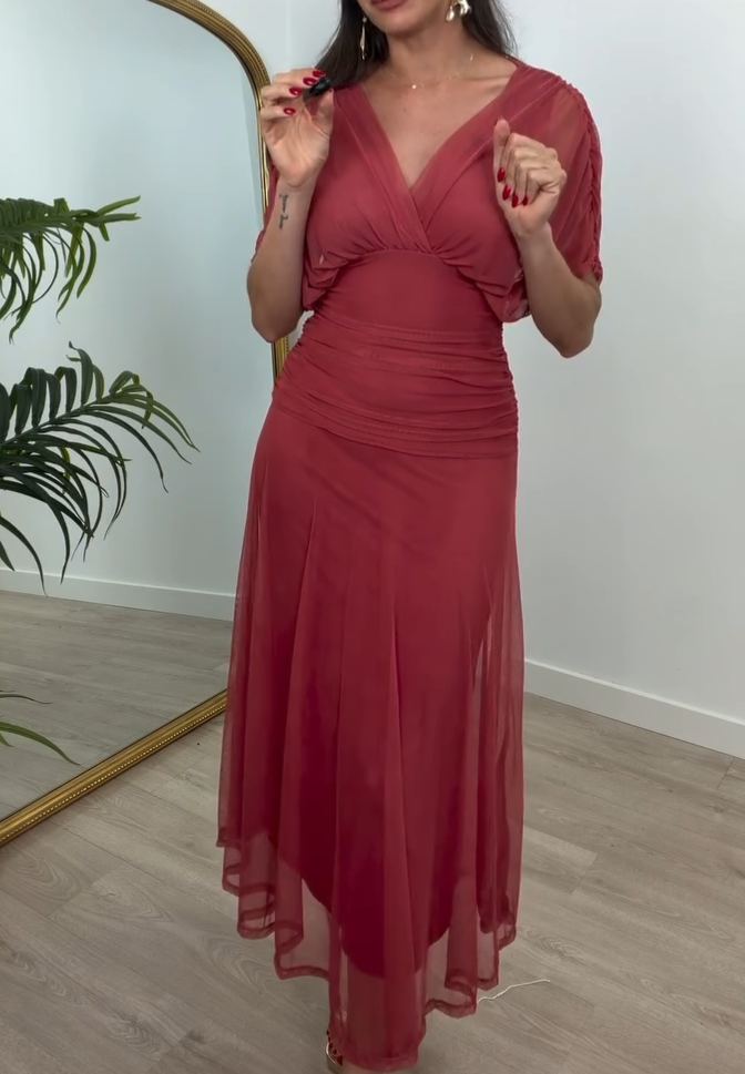 [Copy]Elegant Nude Ruffle Shoulder Midi Dress, Long Sleeve Formal Office Party Gown