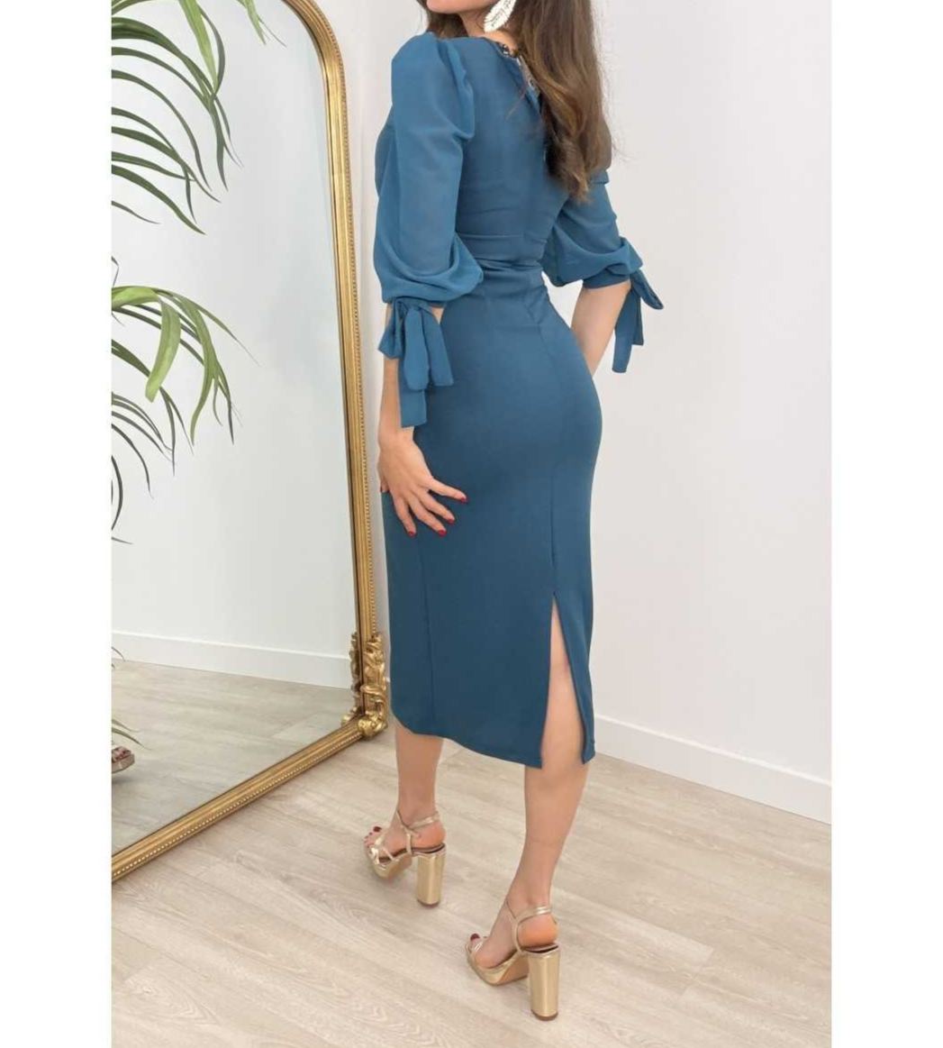 [Copy]Elegant Teal V-Neck Midi Dress, Ruched Formal Evening Gown with Metal Buckle