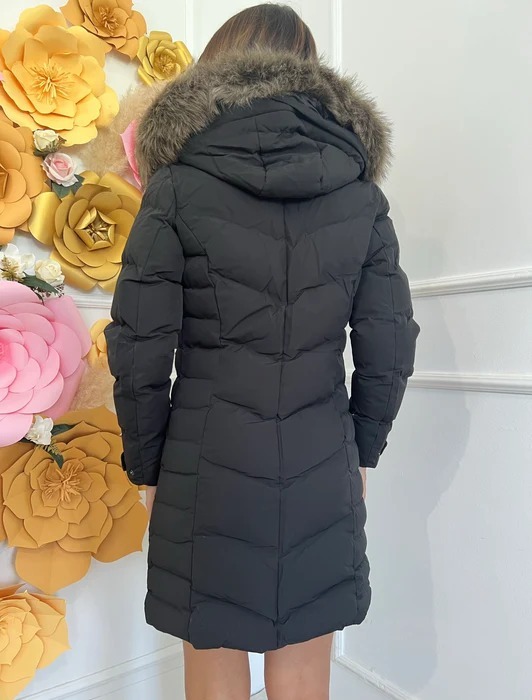 Long down jacket with faux fur hood and adjustable cuffs