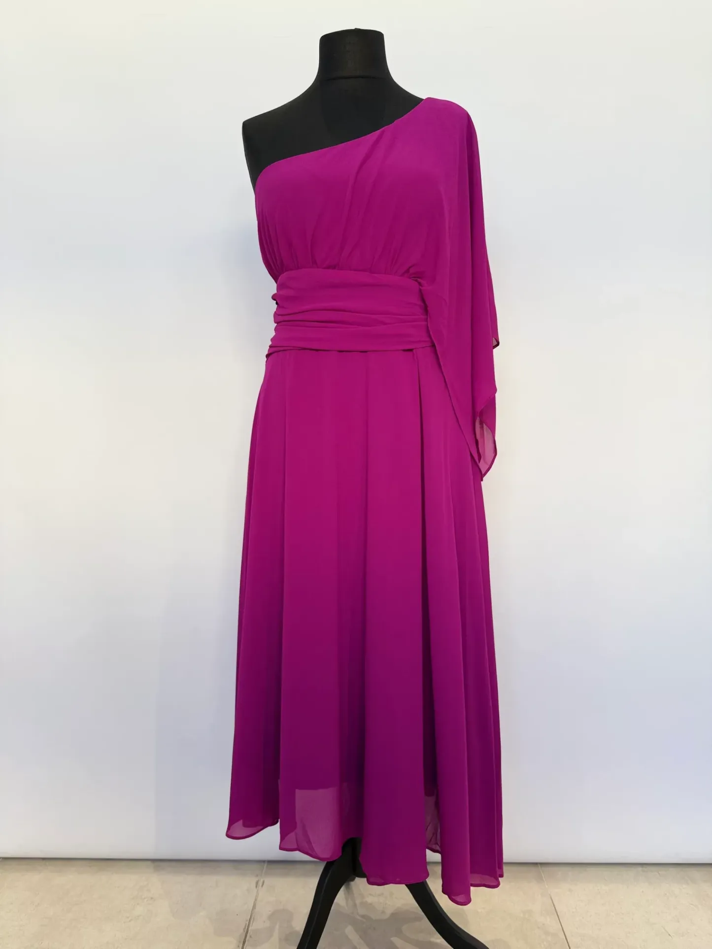 Elegant One - Shoulder Chiffon Midi Dress Collection (Multiple Colors: Teal, Green, Fuchsia, Blue, Purple)