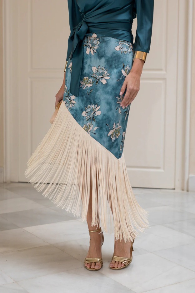 Teal Floral Print Wrap Midi Dress with Fringe Hem & Puffed Sleeves