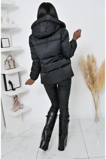 Black Oversized Puffer Coat with Hood & Patch Pockets