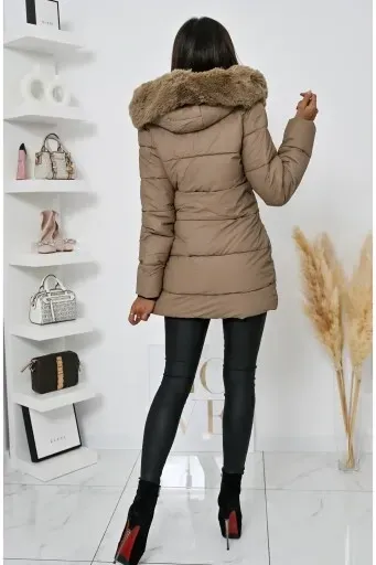 Long Puffer Jacket with Faux Fur Hood & Zipper Details