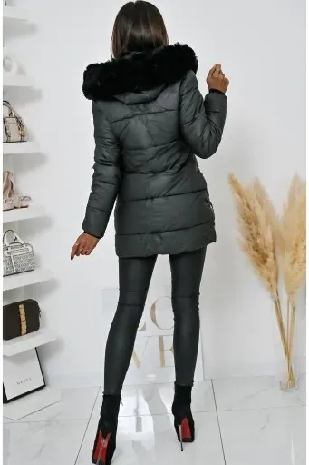 Long Puffer Jacket with Faux Fur Hood & Zipper Details