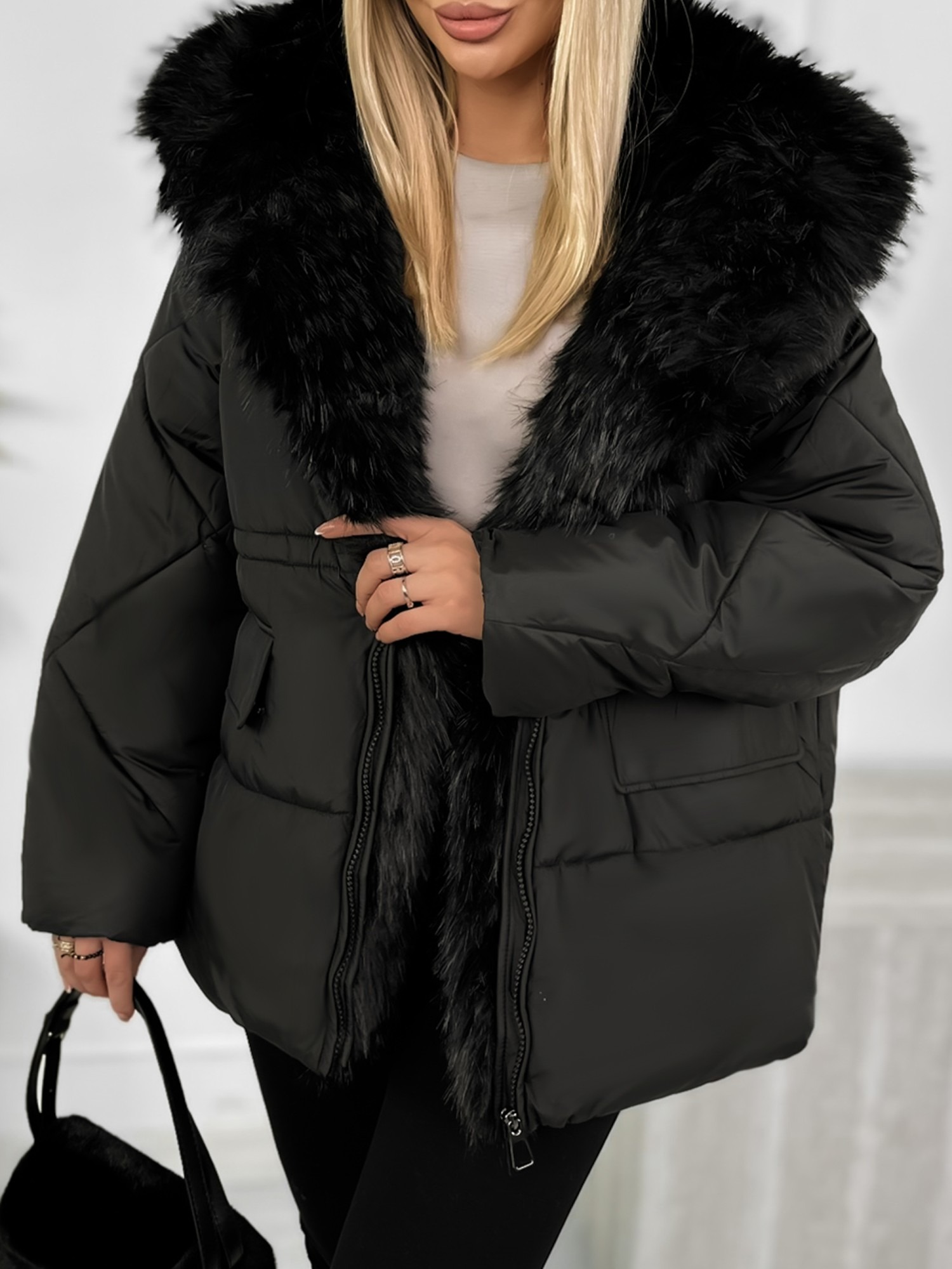 Puffer Jacket with Oversized Faux Fur Hood