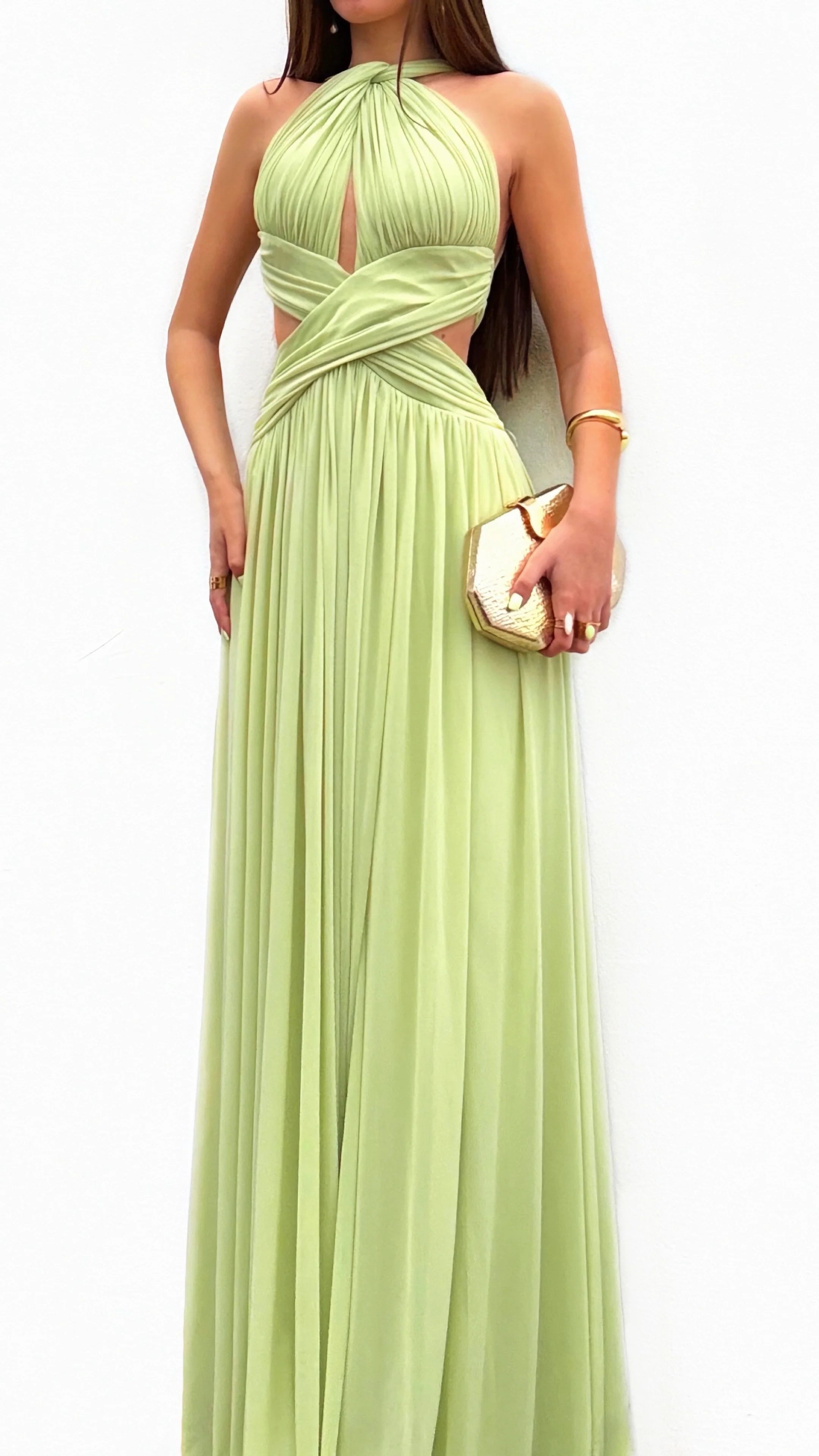 Sage Green Halter Neck Maxi Dress with Cutout Waist & Flowing Chiffon Skirt