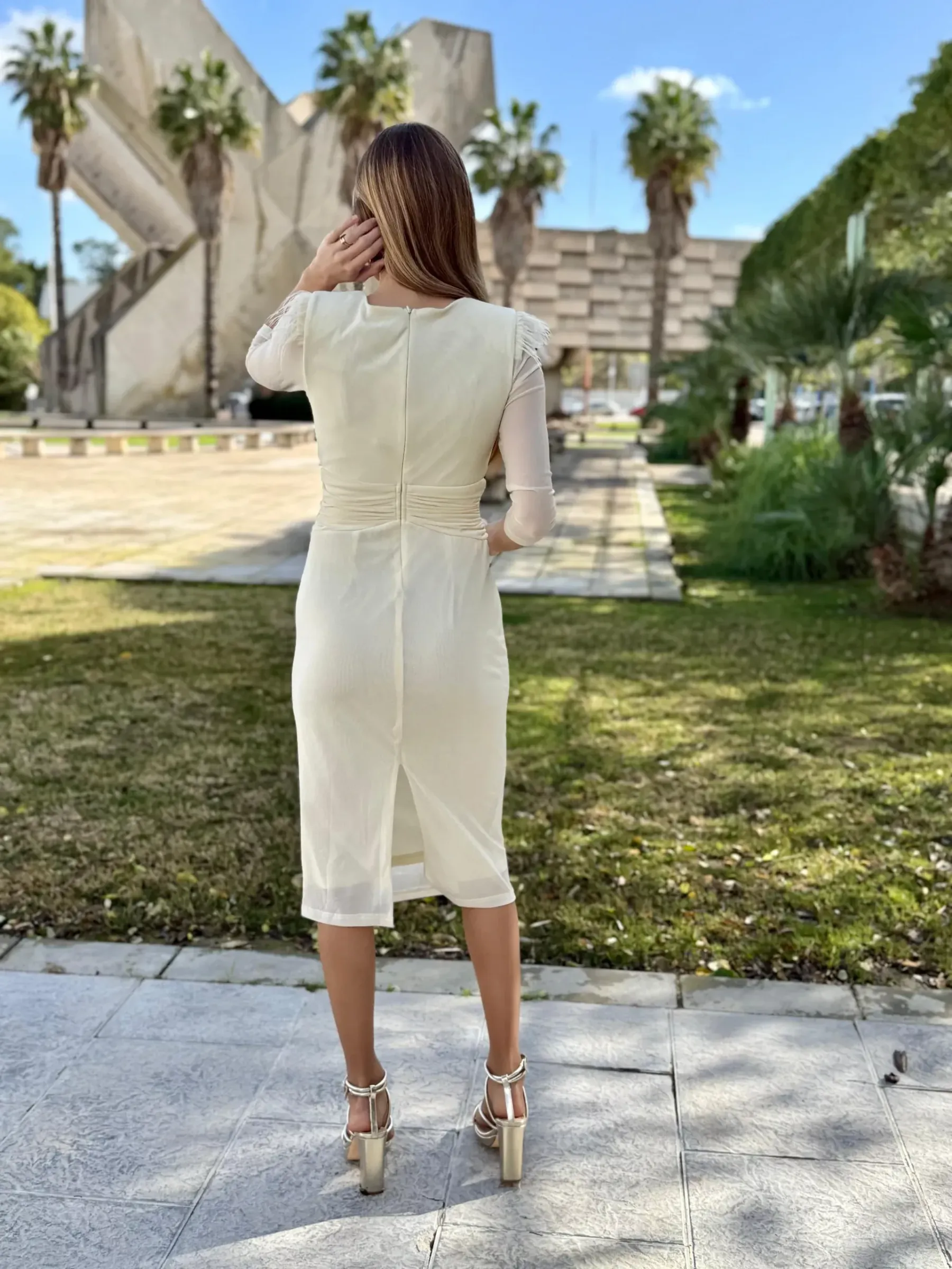 Cream Ruched Midi Dress with Feather Shoulder Detail & 3/4 Sheer Sleeves