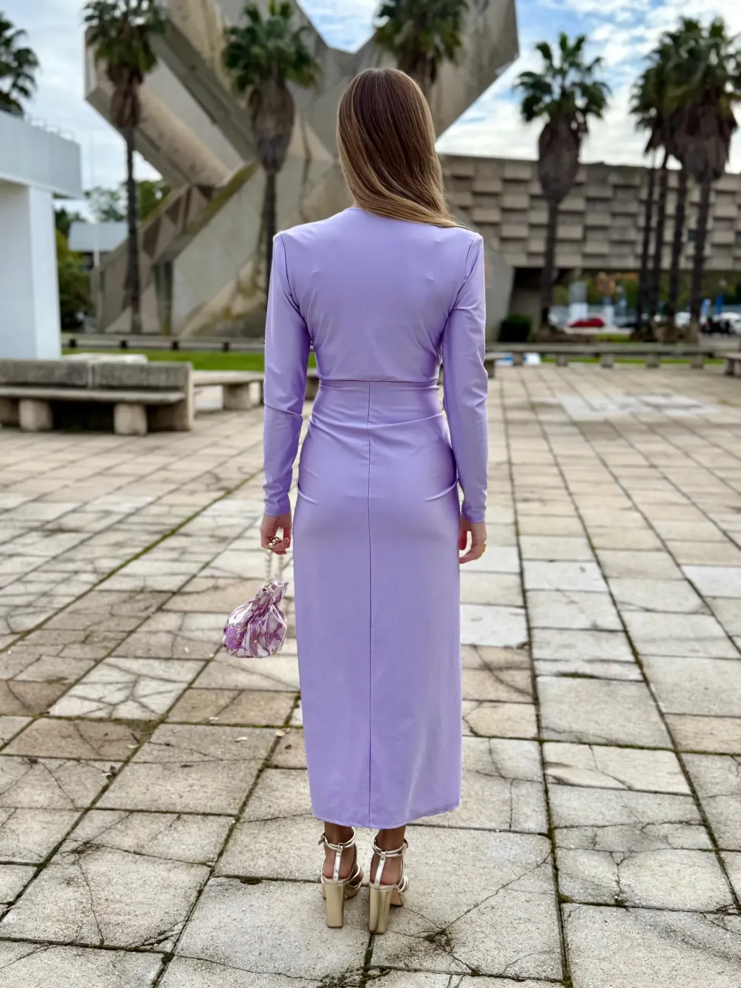 Lavender Ruched Twist Front Midi Dress with Long Sleeves & Side Slit